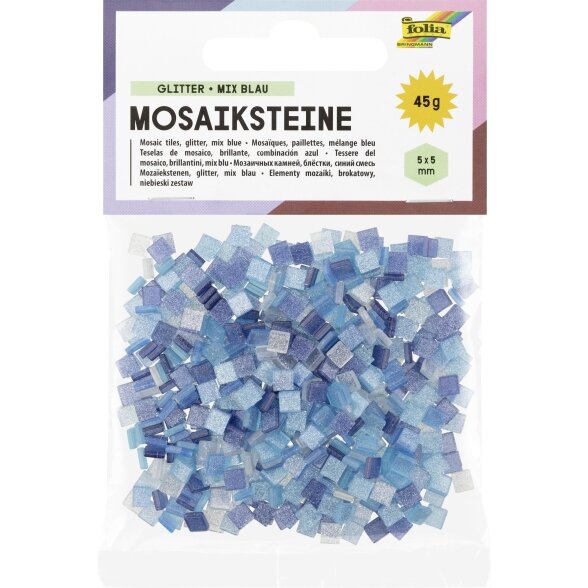 Plytelės mozaikai Folia Glitter 5x5 mm, 700 vnt. mėlynos spalvos Plytelės mozaikai Folia Glitter 5x5 mm, 700 vnt. mėlynos spalvos