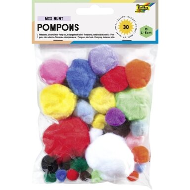 Pompons, 30 pieces, assorted sizes & colours Pompons, 30 pieces, assorted sizes & colours