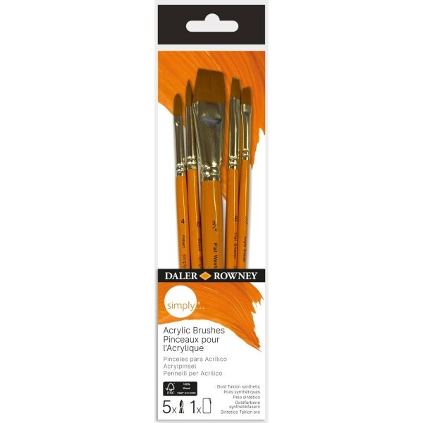 Набор кистей для акрила из синтетического волоса Daler-Rowney Simply короткая ручка, 5 штук