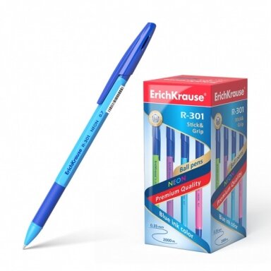 Ручка шариковая ErichKrause R-301 Neon Stick&Grip 0.7 мм, цвет чернил синий
