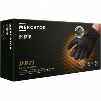 Vienkartinės nitrilinės pirštinės Mercator GoGrip 3D Diamond 24 cm be pudros juodos M dydis, 50 vnt